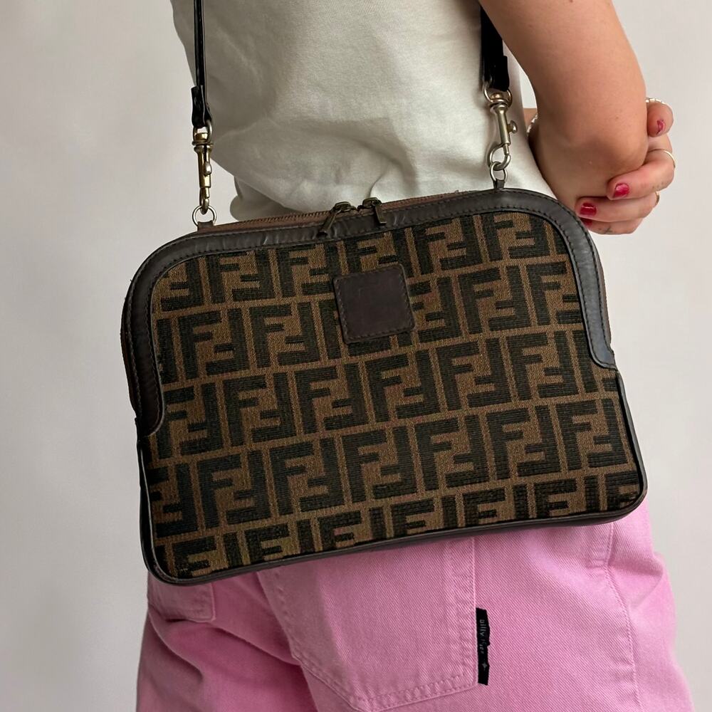 Vintage Fendi Zucca Canvas and Leather Monogram Thin Shoulder Bag